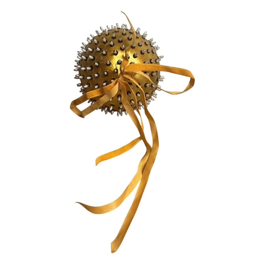 Vintage Push Pin Round Ornament Yellow Gold 4" Beaded Pearl Velvet Bow *flaws